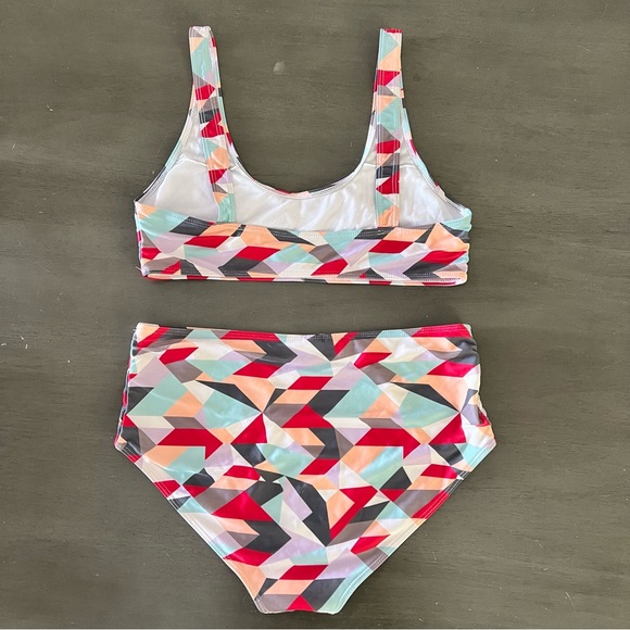 Red Aqua Peach Gray Pixelated High Waist Retro Moderate Coverage Geo Bikini L - Picture 4 of 4